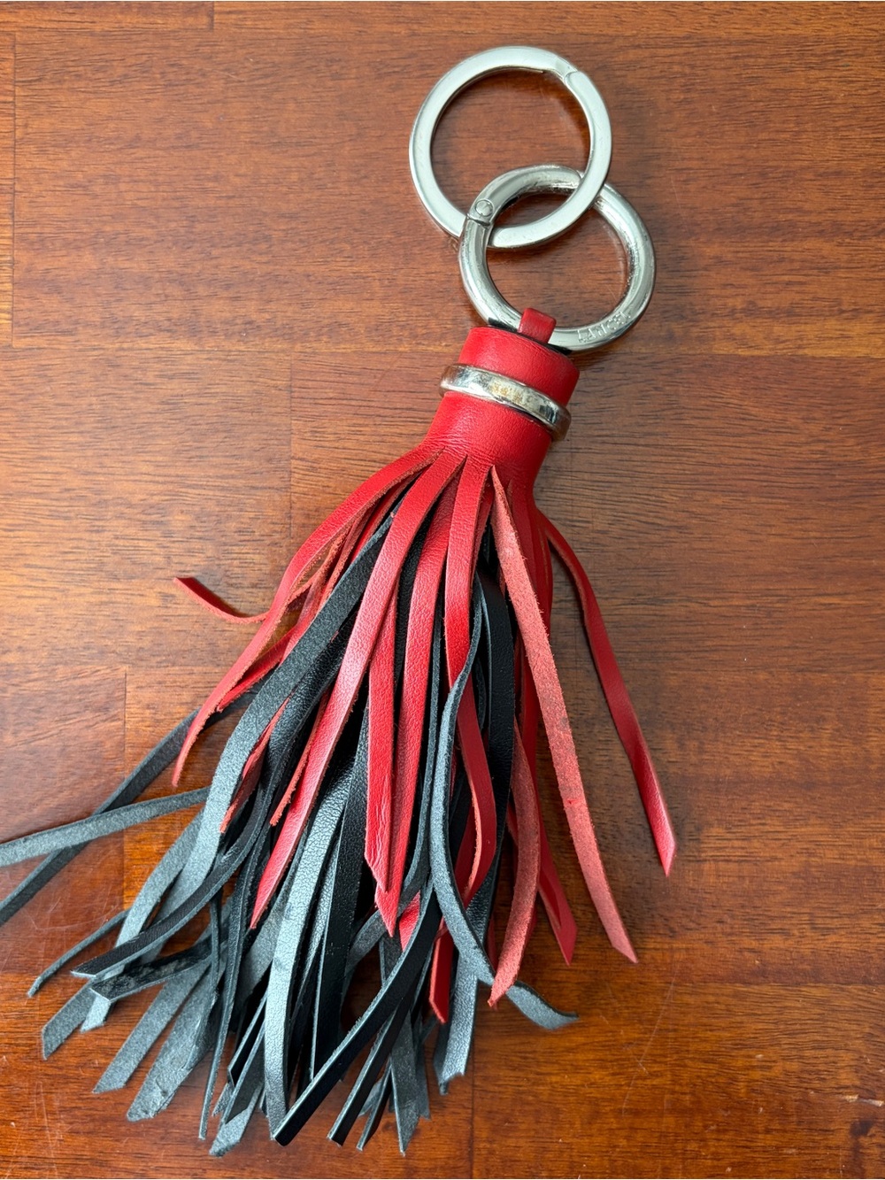 Lancel Leather Tassel Fringe Red Black Key Chain Charm Key Fob
